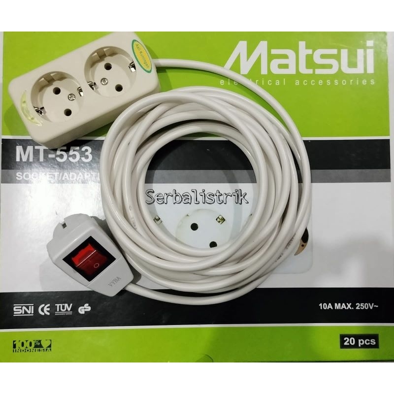 Stop kontak MATSUI 1,2,3,4,5,6 lubang+Kabel 1,2,3,4,5,6,7,8,9,10M+Steker lampu ON/OFF