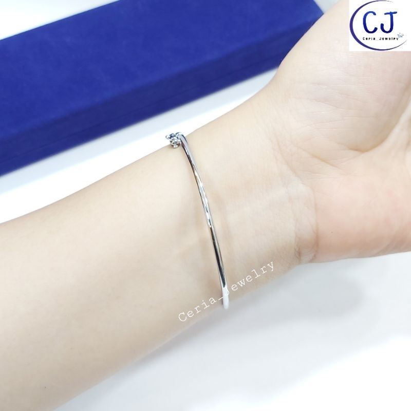 Gelang Tangan Wanita Perak Asli 925 Lapis Emas Putih Model Bangle Bulat Variasi Permata Listring 2 Baris - Perhiasan Perak Asli