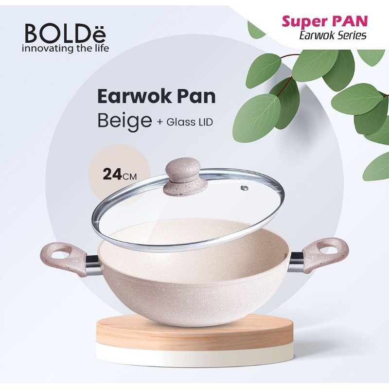 Super PAN Ear Wok ( Wajan ) 24 cm + Glass Lid Beige Original BOLDe