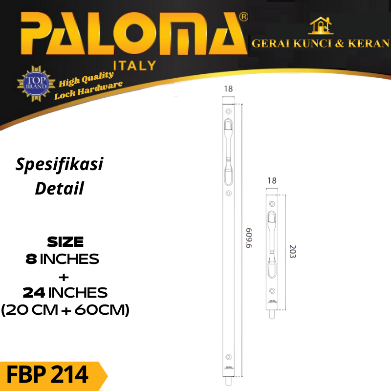 FLUSH BOLT PALOMA FBP 214 FUTURA 8 +24 INCH GRENDEL TANAM SLOT PINTU