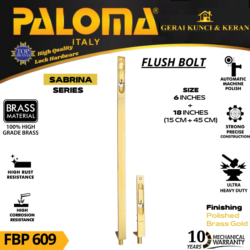 PALOMA FBP 609 Flush Bolt  SABRINA 6&quot;+18&quot; Grendel Tanam Slot Pintu GOLD EMAS PB