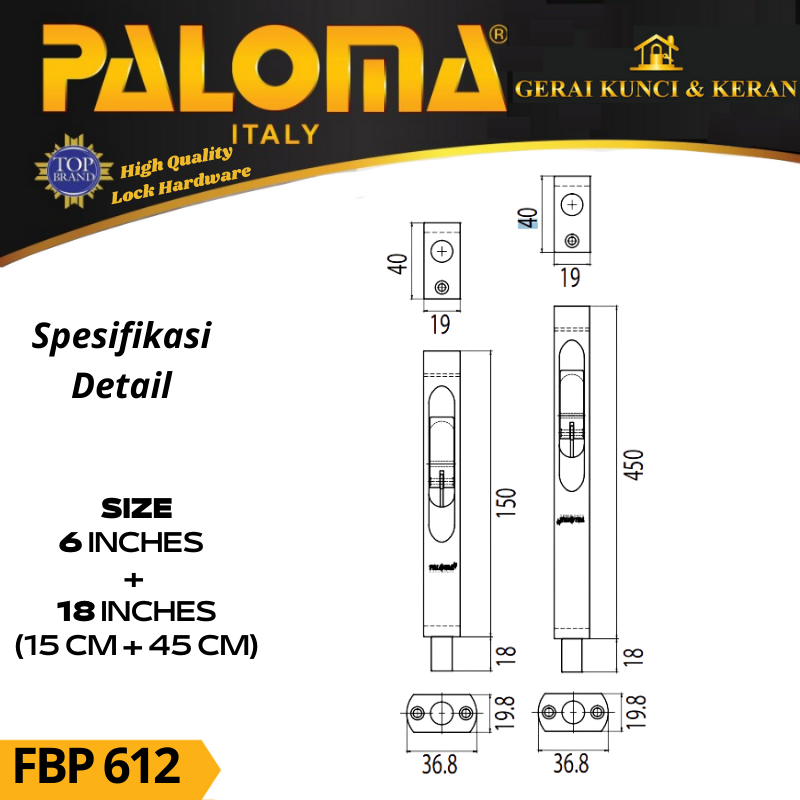 PALOMA FBP 612 Flush Bolt  SABRINA 6&quot;+18&quot; Grendel Tanam Slot Pintu RAB ANTIQUE