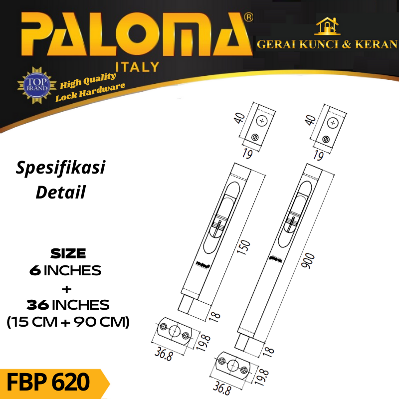 PALOMA FBP 620 Flush Bolt  Sabrina 6&quot;+36&quot; Grendel Tanam Slot Pintu RAB