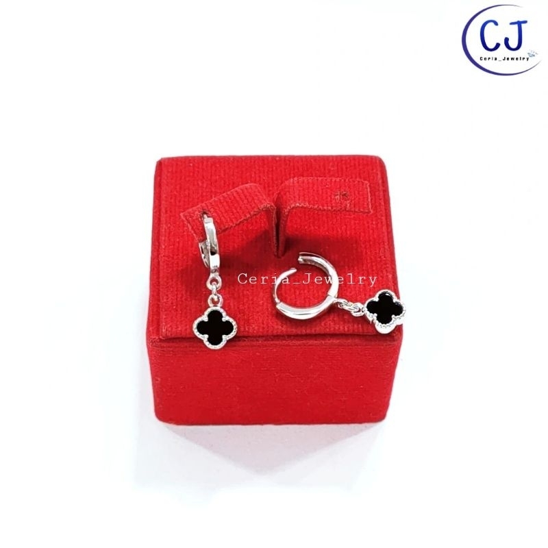 Anting Perak Asli Silver Wanita 925 Lapis Emas Putih Model Jepit Polos Gantungan Van cleef Hitam - Perhiasan Perak Asli