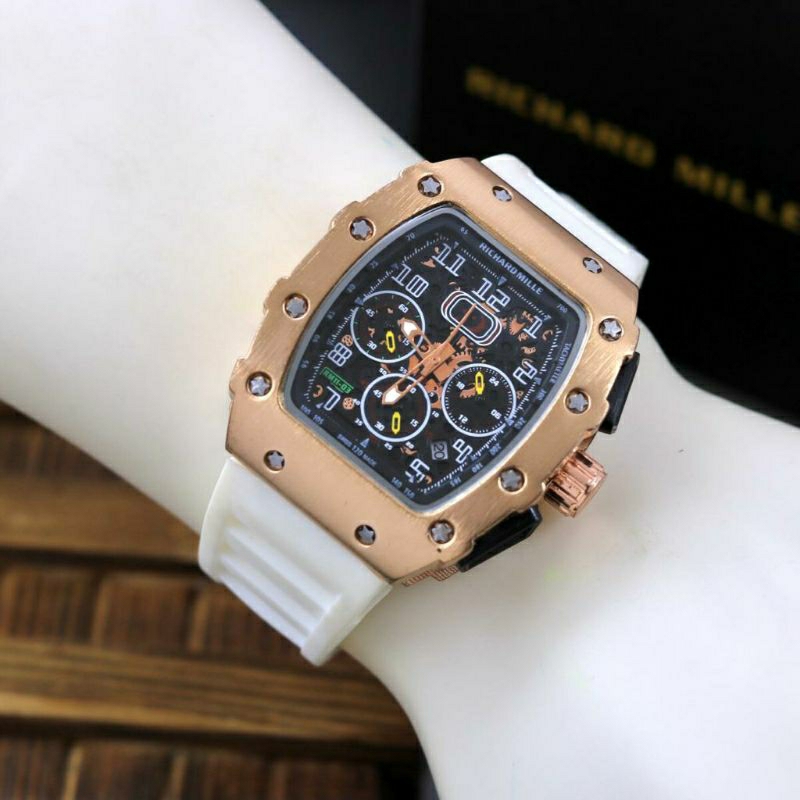 Jam Tangan Pria RM Crono Aktif Super Mewah Dan Elegan Body Rosse Gold Tali Rubber Warna Putih