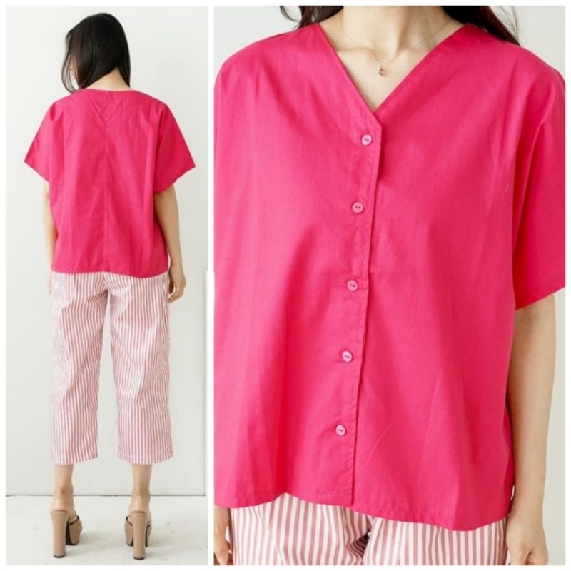 ♡ PREMIUM ♡ ORIGINAL ! SHAY 2 IN 1 COMBINATION SET BUTTON BLOUSE SHIRT WITH STRIPE MIDI PANTS / SETELAN ATASAN POLOS KANCING &amp; CELANA SALUR SELUTUT ( BUSUI FRIENDLY )