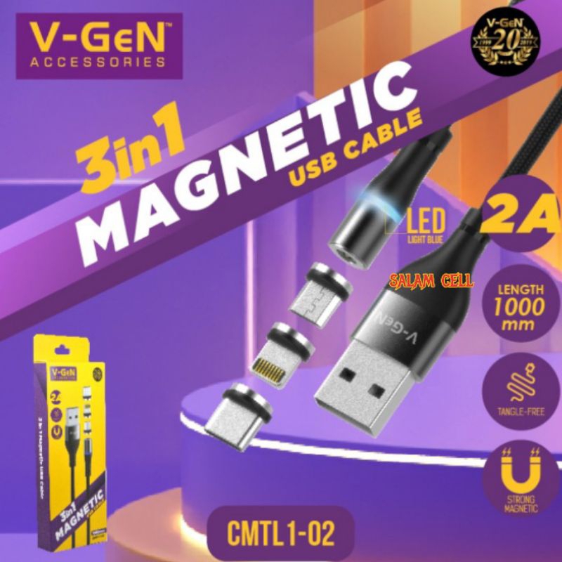 Kabel Data V-Gen CMTL1-02 3 In 1 Magnetic USB CableLED Blue LightLength 1000mm2A Original