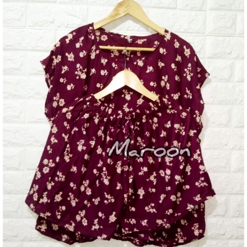 SETELAN PENDEK BUNGA VIOLA || LD 125-140CM JUMBO. BABYDOLL BAJU TIDUR WANITA.