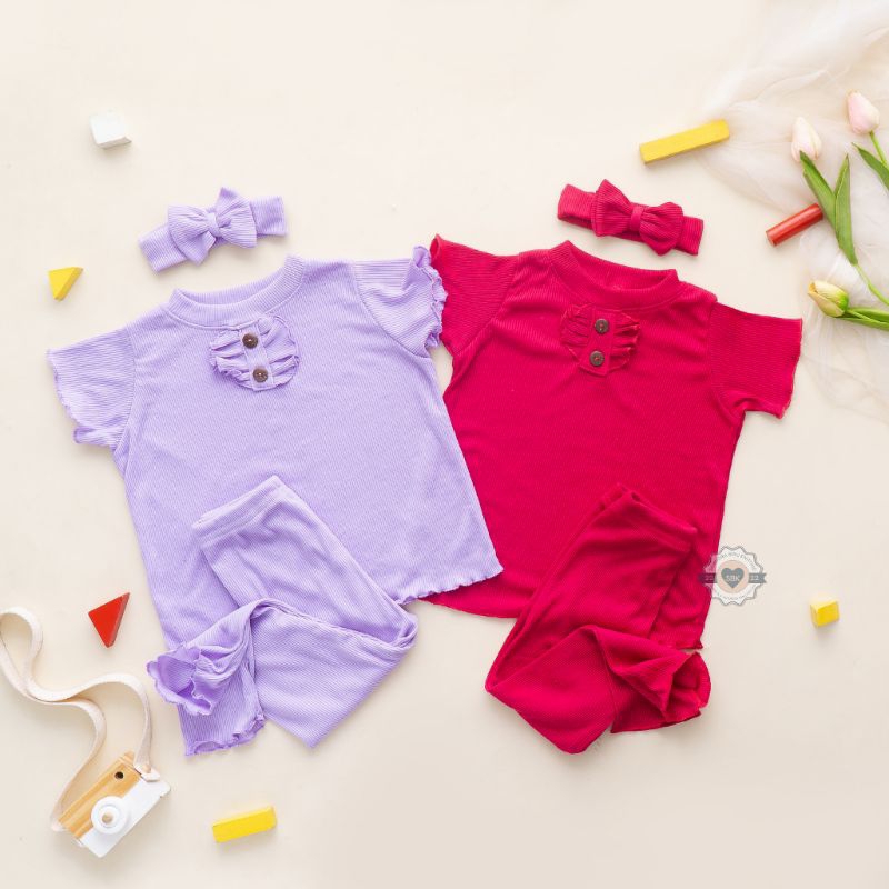 Baju Oneset Anak Perempuan Ruffle Knit Tee Bonus Bando 1-5 Tahun