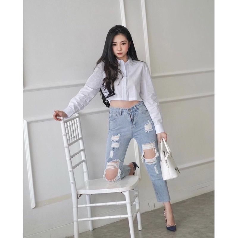 [YouniCloth] - HW JEANS RIPPED CELANA JEANS WANITA HIGHWAIST JEANS SOBEK  JEANS HW WANITA BOYFRIEND 