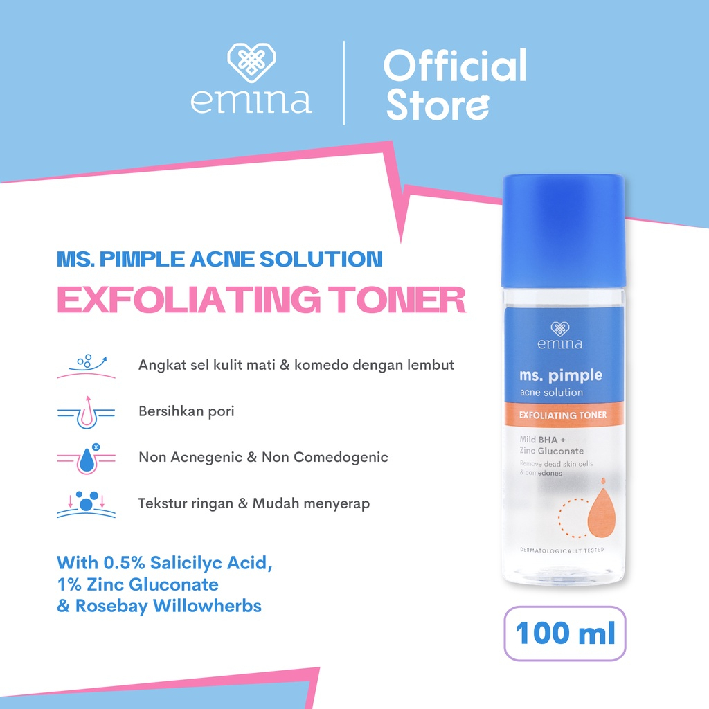 ✨ AKU MURAH ✨ Emina Ms. Pimple Acne Solution Exfoliating Toner 100 ML | Toner Komedo, Atasi Jerawat [BPOM]