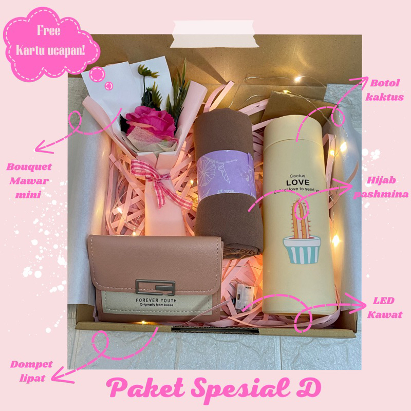 Kado Spesial Pasangan Kado ulang tahun spesial cewek hadiah ulang tahun pacar hadiah wisuda anniversary LED 3D Hijab pashmina dompet wanita coklat box kado