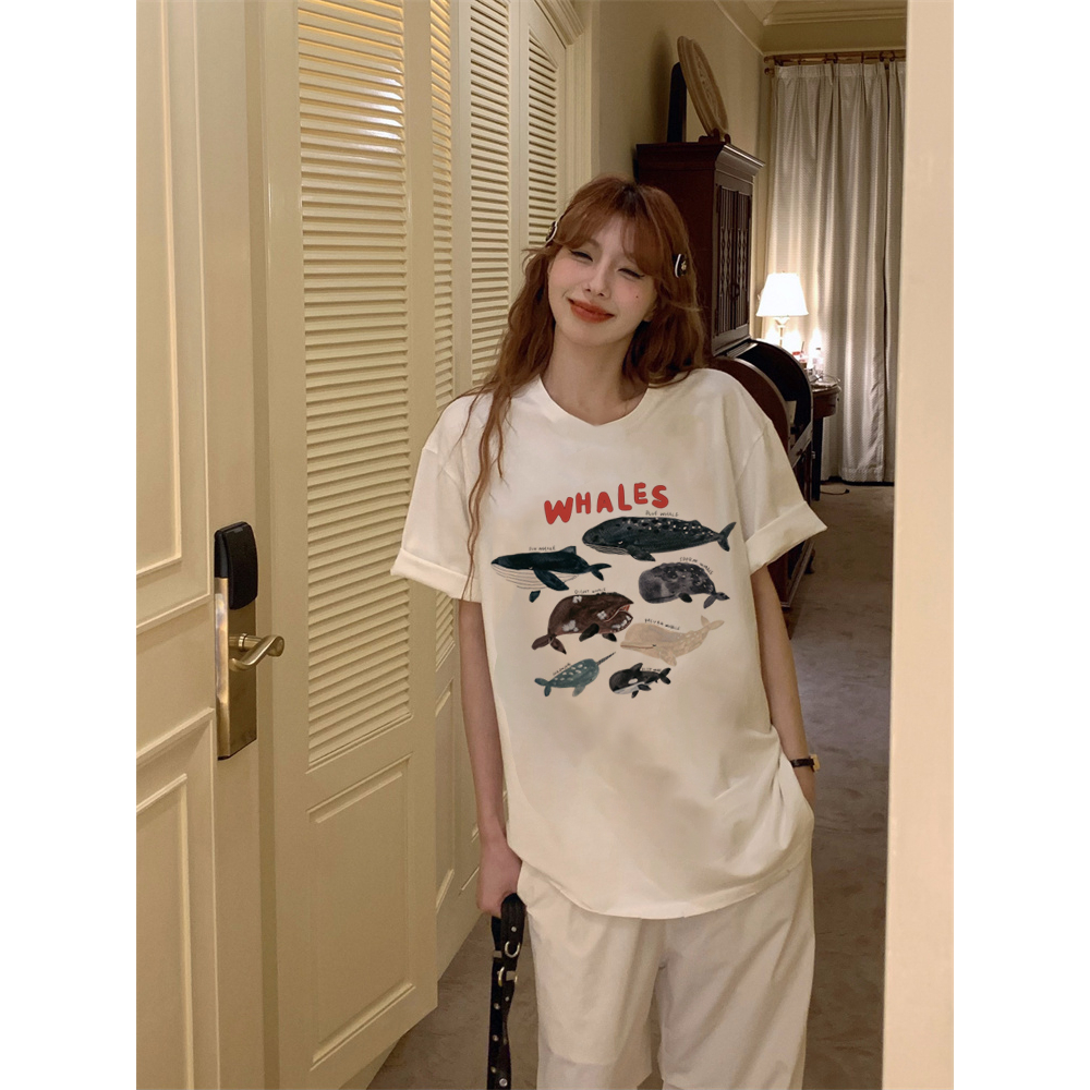 EUNII T-shirt Lengan Pendek Cartoon Fish Korean Style/Kaos Atasan Wanita/Baju Kaus Oversize Wanita/Kaos Wanita