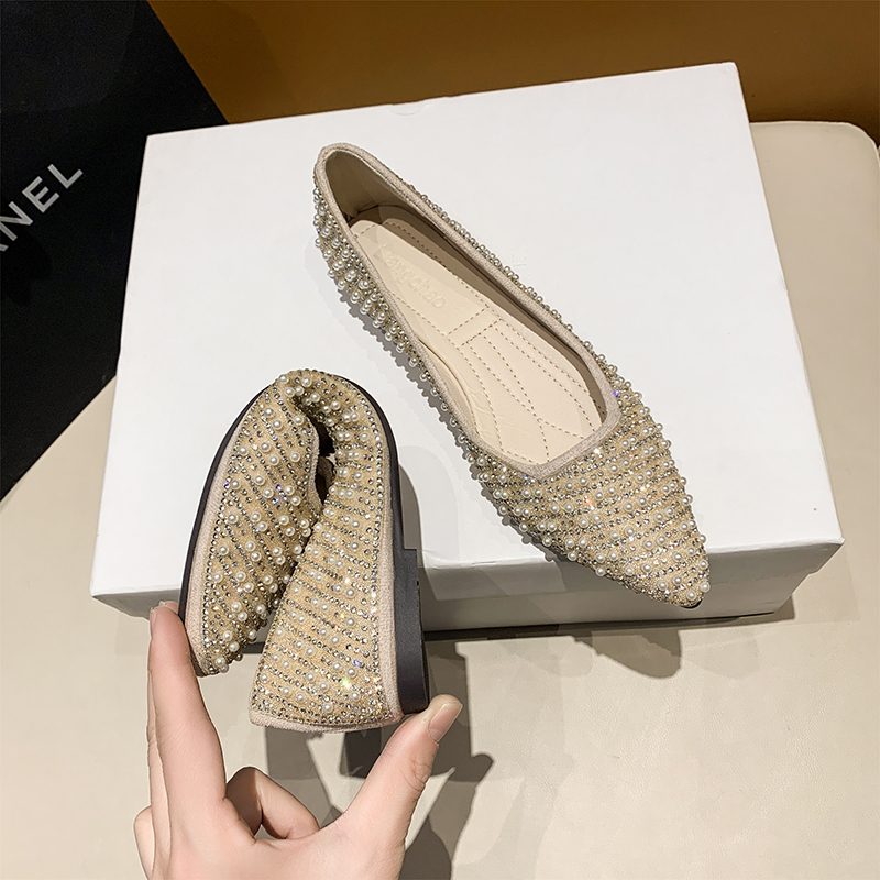 Sepatu Flat Shoes Wanita Import Murah Sol Karet Pointed Flats Balerina Balet Pesta Mutiara Kristal Hitam Black Beige Krem Gaya Korea - Ukuran 35 36 37 38 39 40