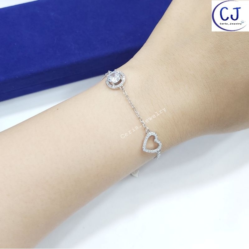 Gelang Tangan Wanita Perak Asli Silver 925 Lapis Emas Putih Model Fashion Korea Nori Polos Permata Model Diamond Variasi Love Permata - Perhiasan Perak Asli