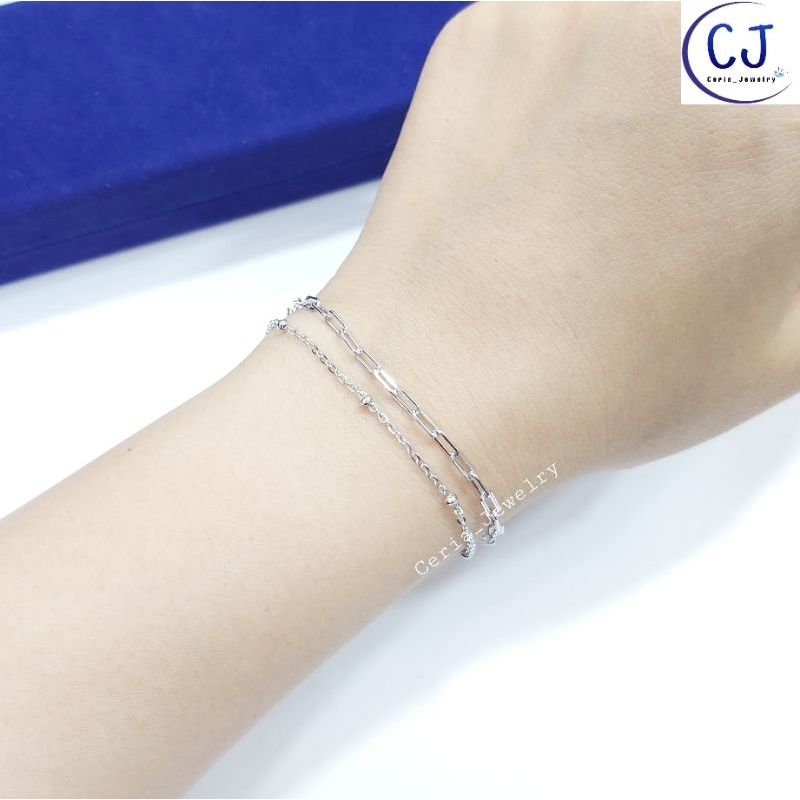 Gelang Tangan Perak Wanita Asli Silver 925 Lapis Emas Putih Model PaperClip Variasi Jedar 2 layer - Perhiasan Perak Asli