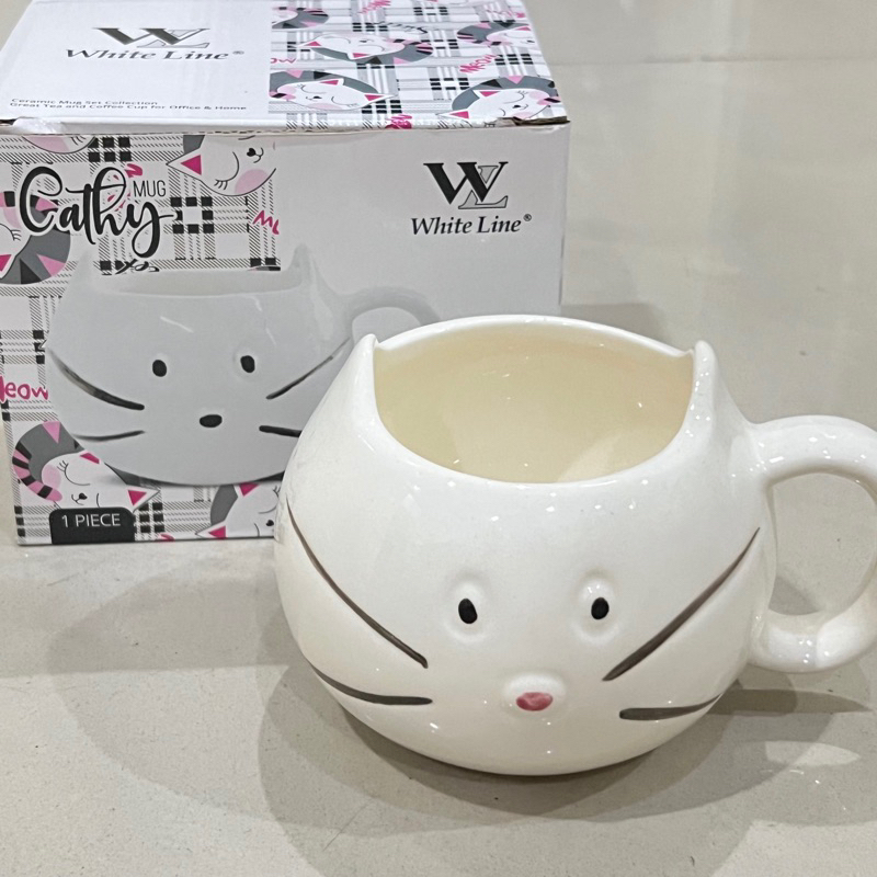 MUG KERAMIK LUCU MOTIF KUCING CATHY DUS KADO GELAS CANTIK IMUT KERAMIK WHITELINE