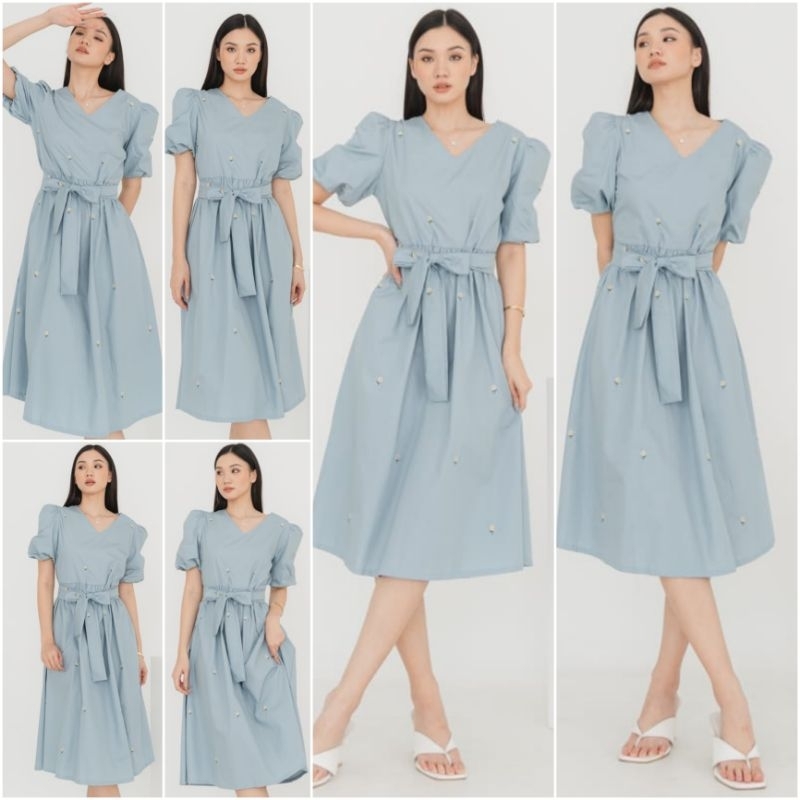 ♡ PREMIUM ♡ ORIGINAL ! MOLLITA VINTAGE V-NECK PASTEL COLOR SUN FLOWER EMBROIDERY TIED MIDI DRESS