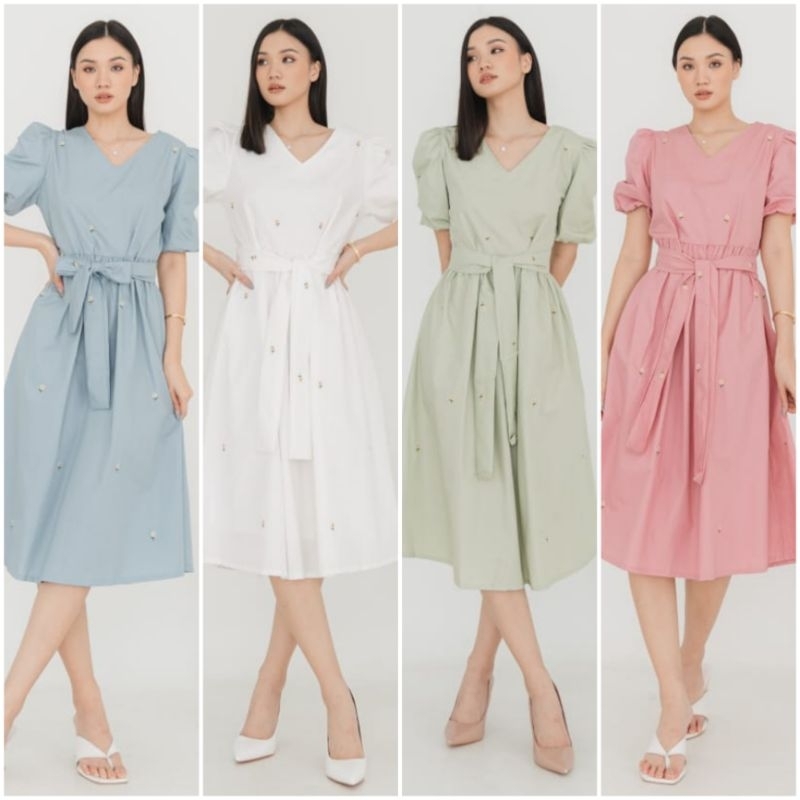 ♡ PREMIUM ♡ ORIGINAL ! MOLLITA VINTAGE V-NECK PASTEL COLOR SUN FLOWER EMBROIDERY TIED MIDI DRESS