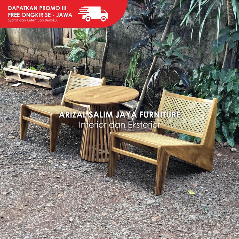 Kursi Teras Set Jati Rotan Klasik Meja Bulat