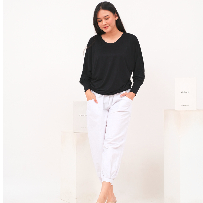 Basic Oversize Kaos Polos Wanita Batwing Spandex Rayon Panjang