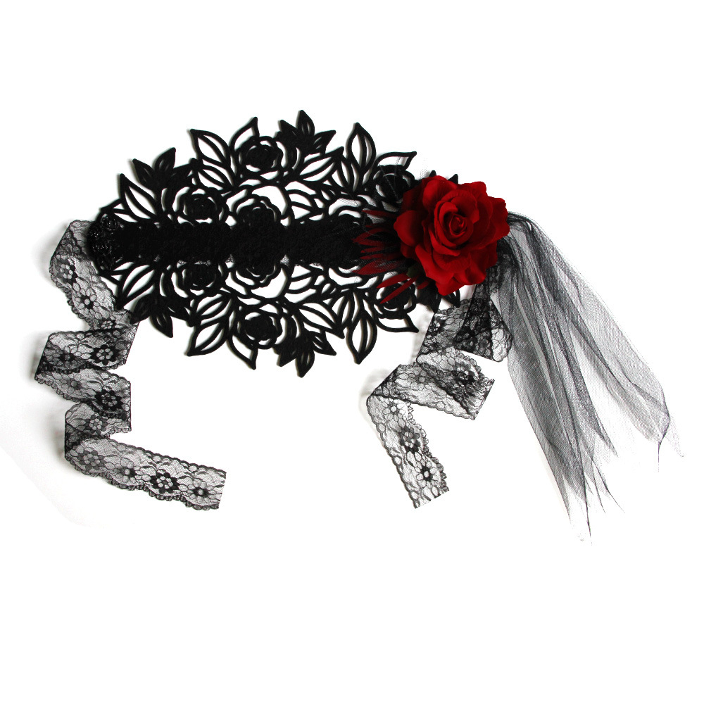 [ GOTH ] Gothic Lolita Headband with Rose Flower Lace Headpiece / Gothic Lolita Headband dengan Headpiece Renda Bunga Mawar 8027