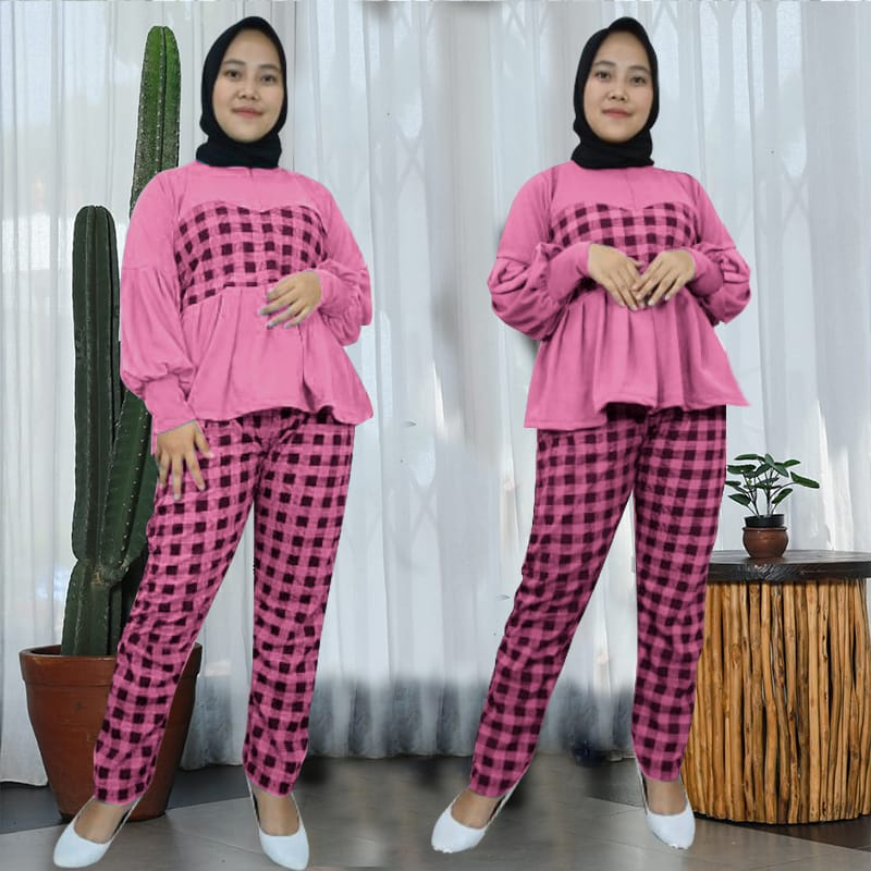 Pakaian Wanita Stelan Baju Lumbai Lengan Panjang Celana Slim Fit Tren Kekinian/Set Mona Kotak Allsize