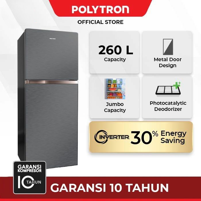 Kulkas Polytron 2 Pintu Metallic Jumbo Inverter 240 liter PRW 296Y