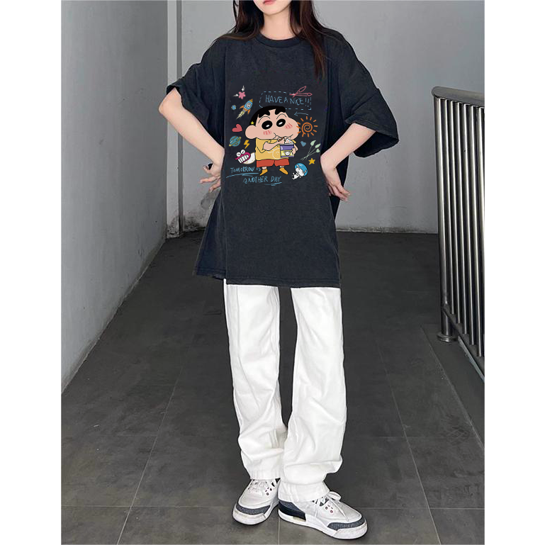 XIAOZHAINV Korean Style Krayon Shin-chan Pattern Washed Printing Kaos Wanita A0118/Atasan Wanita Terbaru