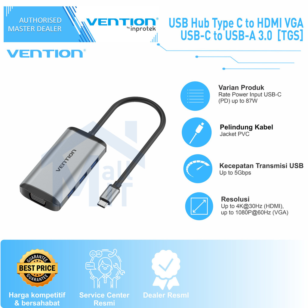 ( Bisa Cod ) Vention USB HUB Type C 3.1 to USB 3.0 HDMI VGA PD MACBOOK THC TGS