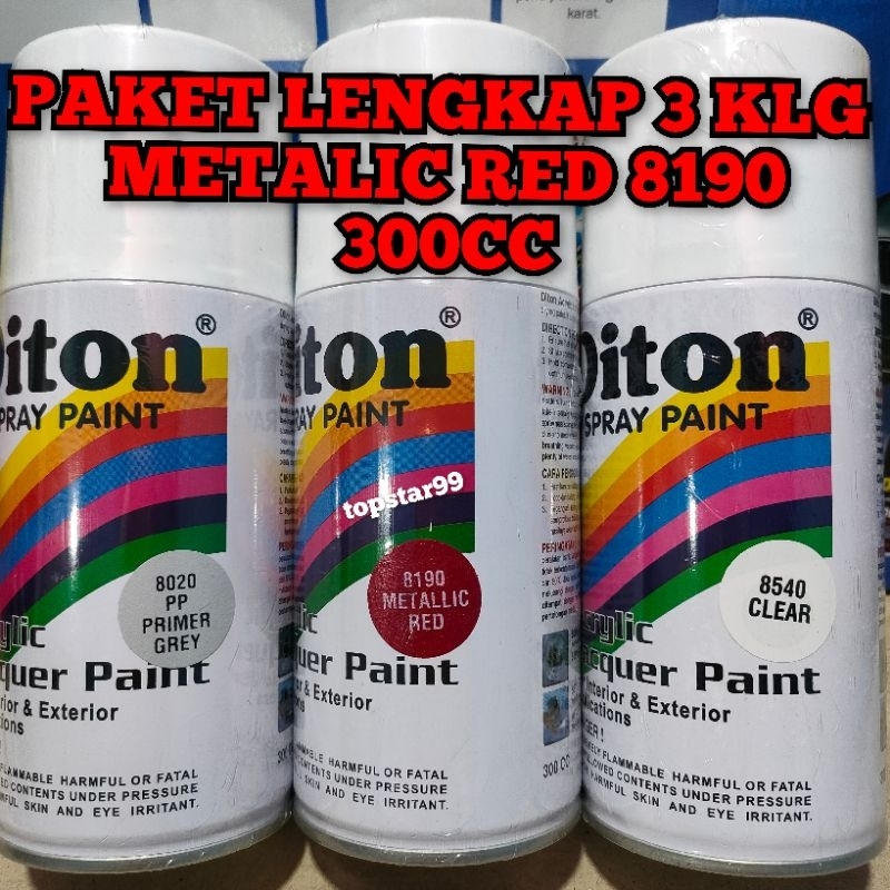 Pilok Cat Diton Paket Lengkap 3 Kaleng 300cc Metalik Red 8190 Primer Grey 8020 Clear Glossy 8540