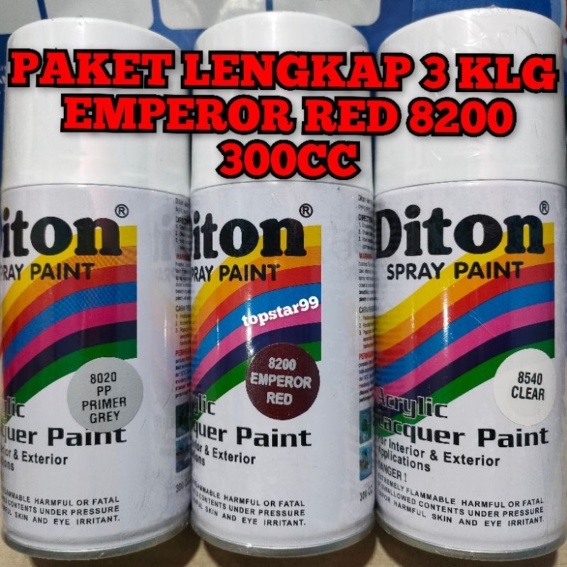 Pilok Cat Diton Paket Lengkap 3 Kaleng 300cc Emperor Red 8200 Primer Grey 8020 Clear Glossy 8540