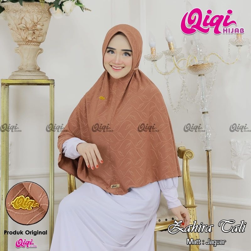 (Qiqi Hijab) ZAHIRA TALI •jilbab instan jumbo jaaguuar inpor•hijab instan pet tali motif daun