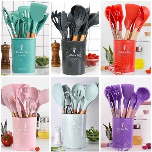 Silicone Utensil Set 12pcs Peralatan spatula silikon sutil Kitchen Set Free Wadah