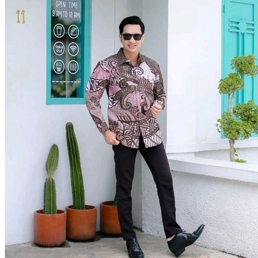BATIK BOLO DEWO Motif Dusty pink Kemeja Baju Batik Pria Lengan panjang Lapis furing Hem Atasan