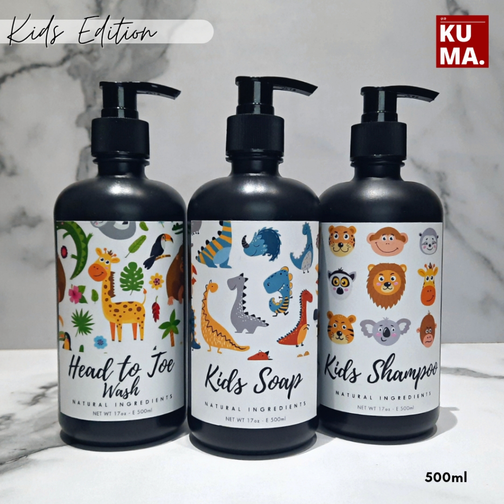 KUMA Botol Sabun Refill Anak Lucu Aesthetic 500ml Kids Soap Refillable Bottle Kids Body Wash Shampoo Head to Toe