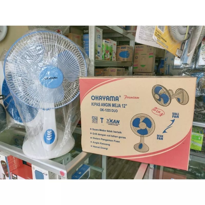 Okayama 12 inch - 1225 Duo Fan - Kipas Angin 2IN1 - Meja &amp; Dinding - Wall Desk