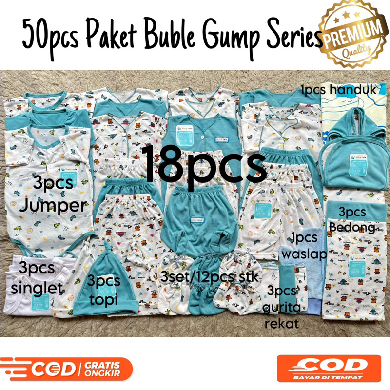 50pcs Paket Baju Bayi romper 3 Celana Bayi ,bedong,handuk,singlet Baru lahir, 3-6 dan 6-12 bulan Komplit Ekonomis buble gump series Promo 9.9