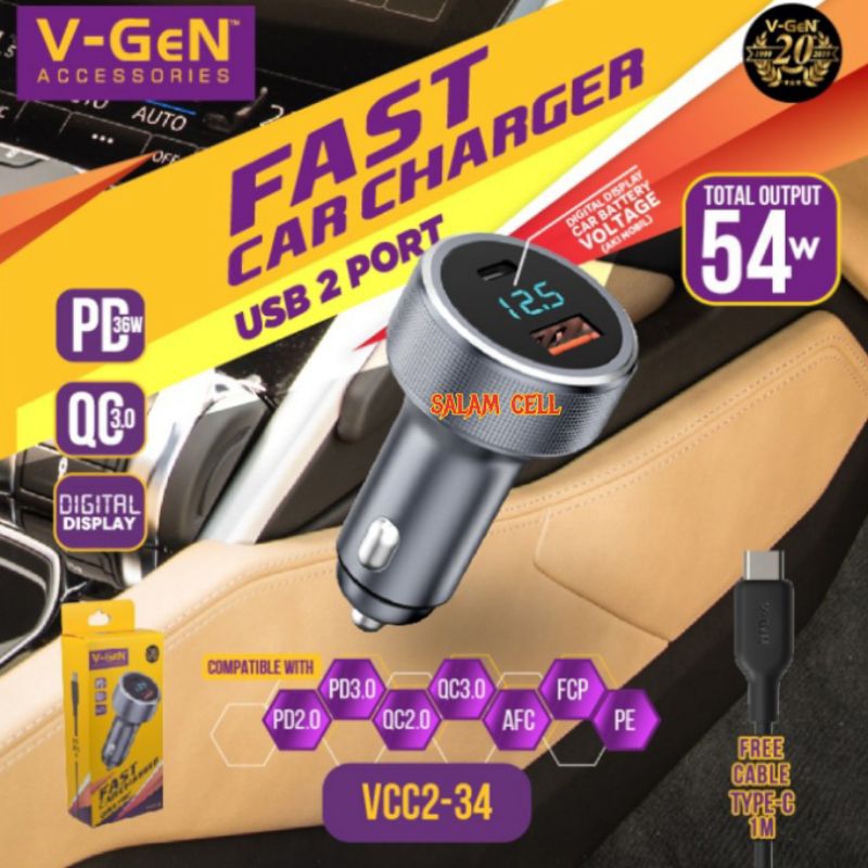 Charger Mobil V-Gen VCC2-34 Fast Car Charger USB 2 PORT PD 54W QC3.0 Digital Display Indicator Garansi Resmi