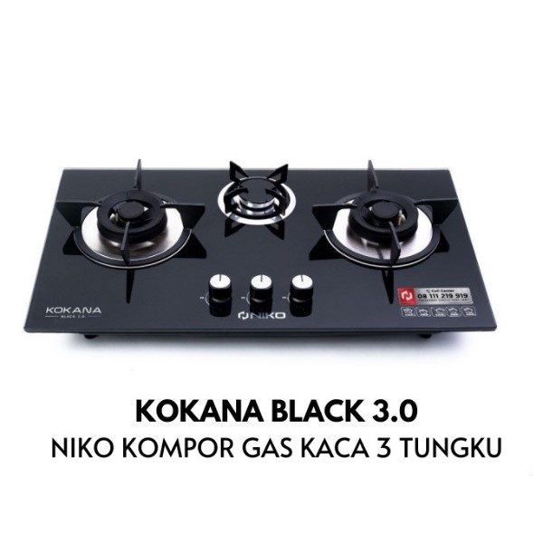 NIKO Kompor Gas Tanam Tempered Glass Kaca 3 Tungku KOKANA Black 3.0