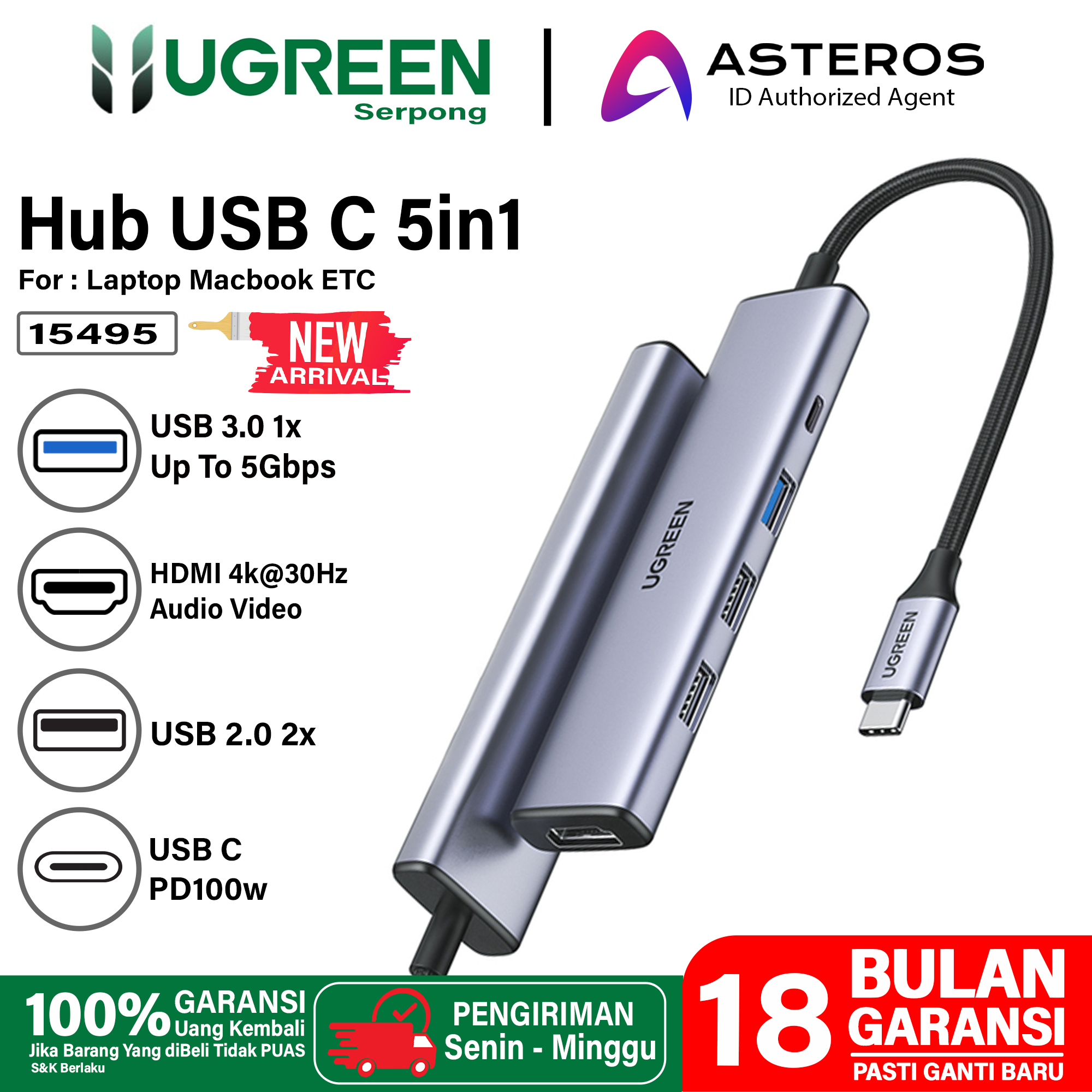 UGREEN Adapter HUB 5 in 1 USB C to HDMI PD 100w USB 3.0 2.0 For Laptop MacBook iPad