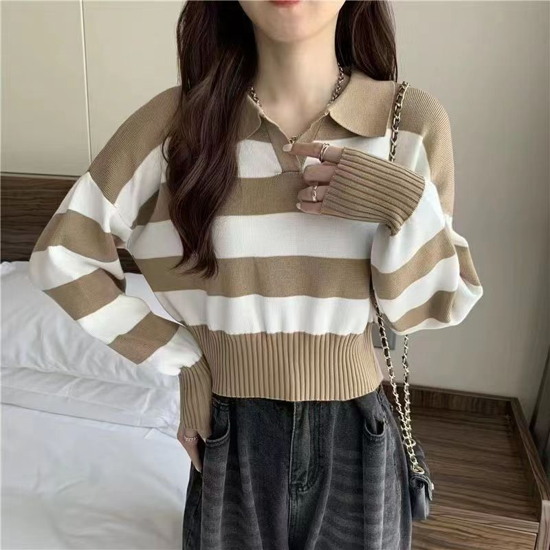 Kaos Rajut Stripe Atasan Wanita Rajut Korean Style Lengan Panjang Wanita Kaos Garis Garis Wanita