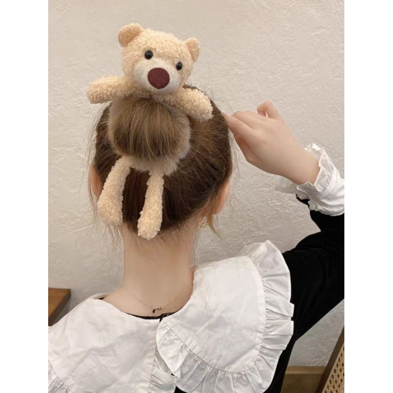 Ikat Rambut Scrunchie Bulu Korea Plush Bear Fluffy Faux Fur Ball Scrunchies Ikat Rambut Korea Boneka Beruang