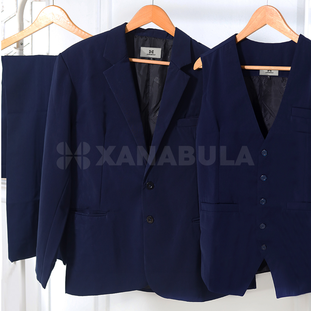 XNBL.ID Jas Blazer Pria Set Lengkap Setelan Rompi Navy Biru Tua