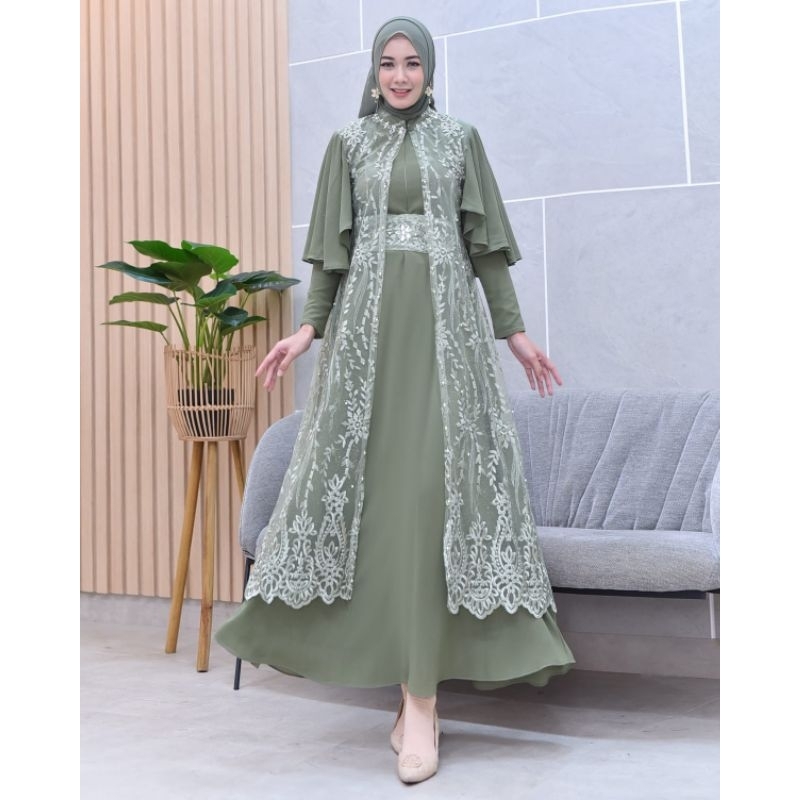 Dress Pesta Mewah// Gamis Tile Janeeta Dress Outer Lepas Pasang Kombinasi Payet Mutiara Terbaru// Ga
