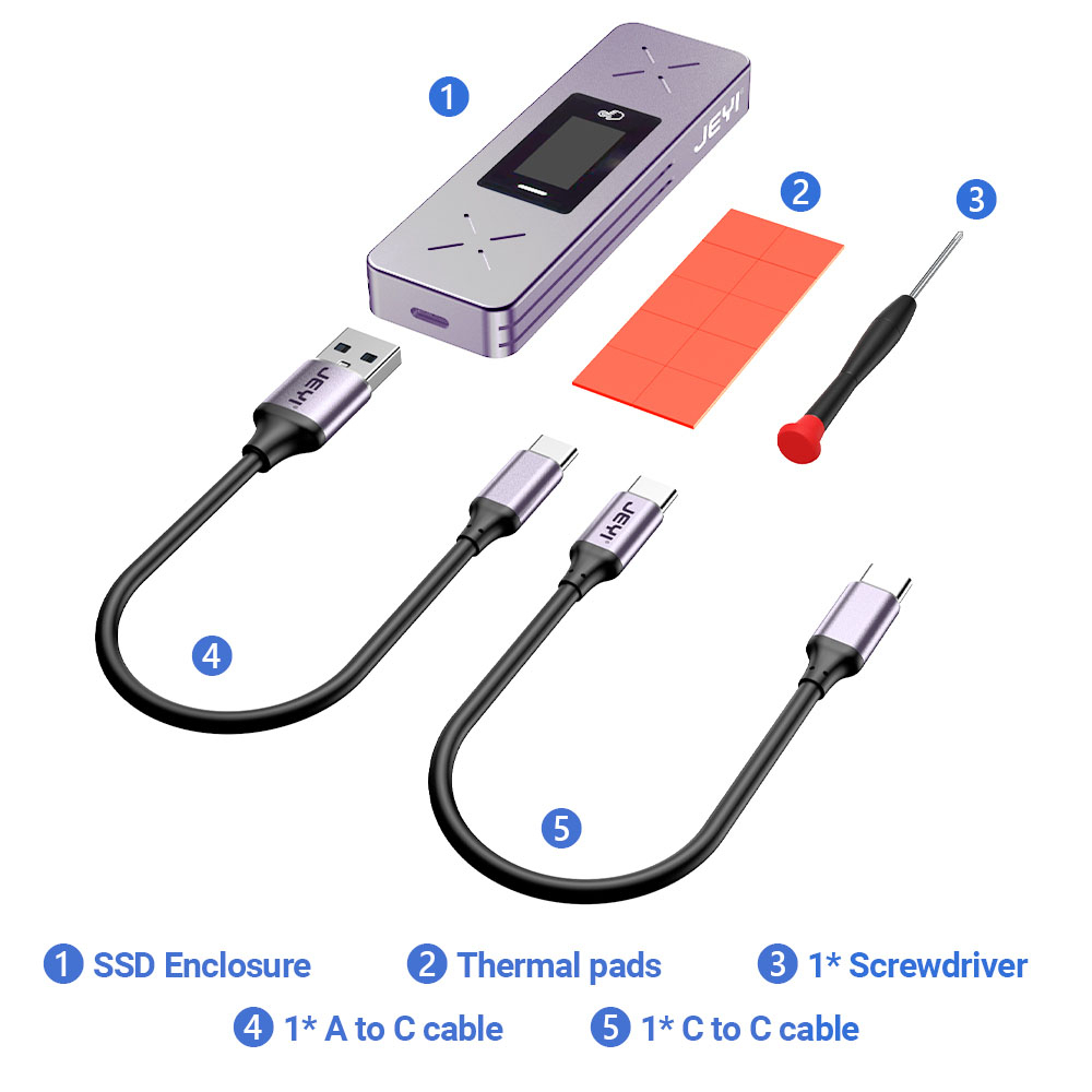 JEYI Visual Smart Dual Protocol M.2 NVMe / SATA SSD Enclosure, USB 3.2 Gen 2 10Gbps, External M2 Adapter Case Support M-Key B+M Key UASP Trim