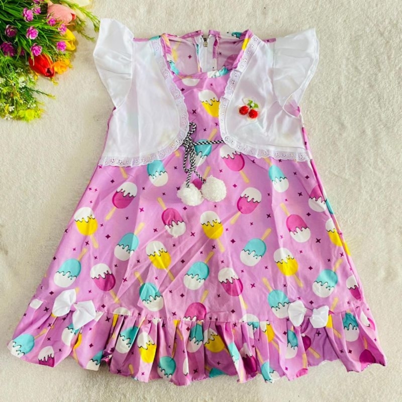 Dress Anak 1 2 Tahun Anak Cewek Perempuan motif ice cream lucu kekinian pompom ropi terbaru viral ( Dress Romcer )