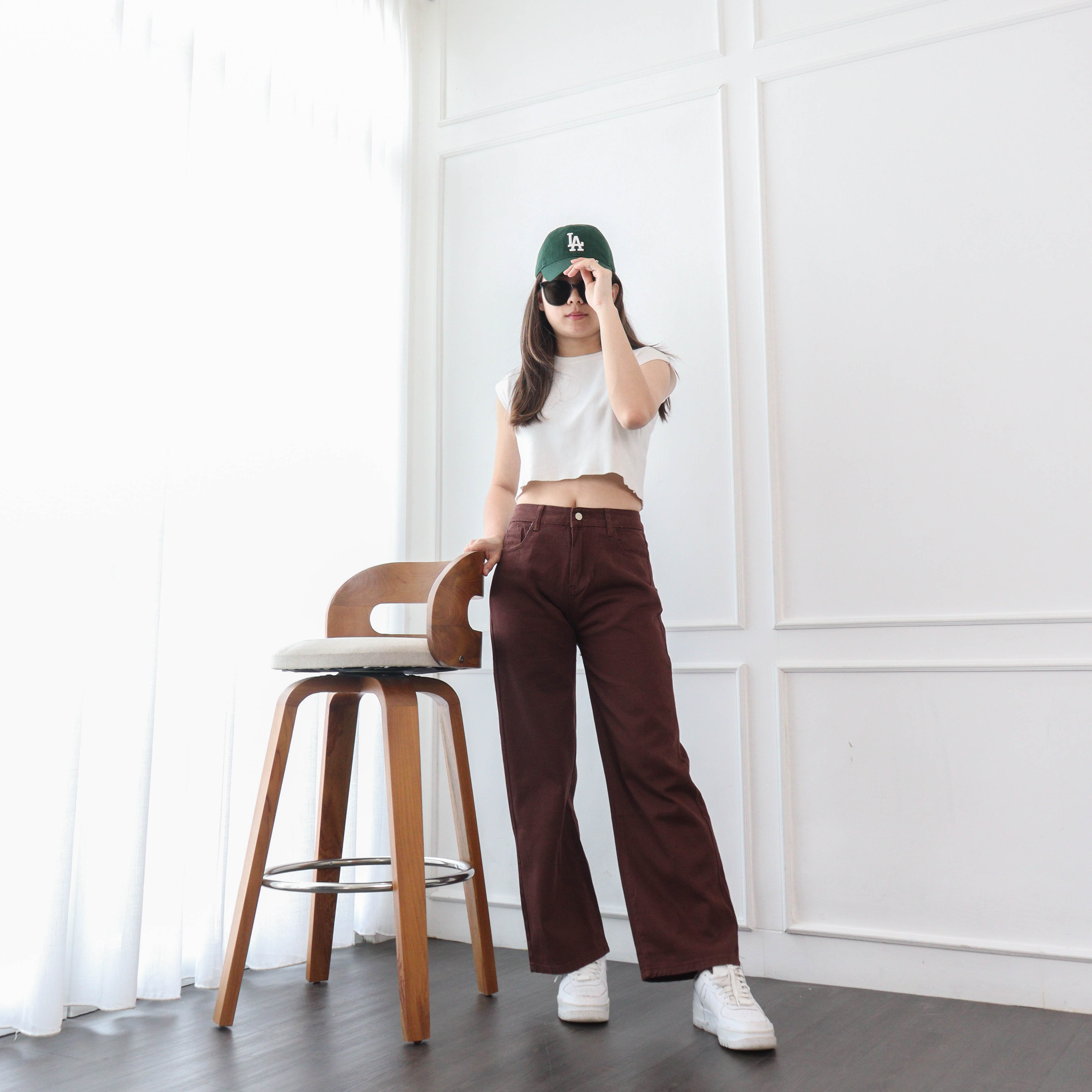 DEMORIN - Celana Jeans Bawahan Wanita Highwaist Straight Korean Plain Brown Polos Coklat X5006