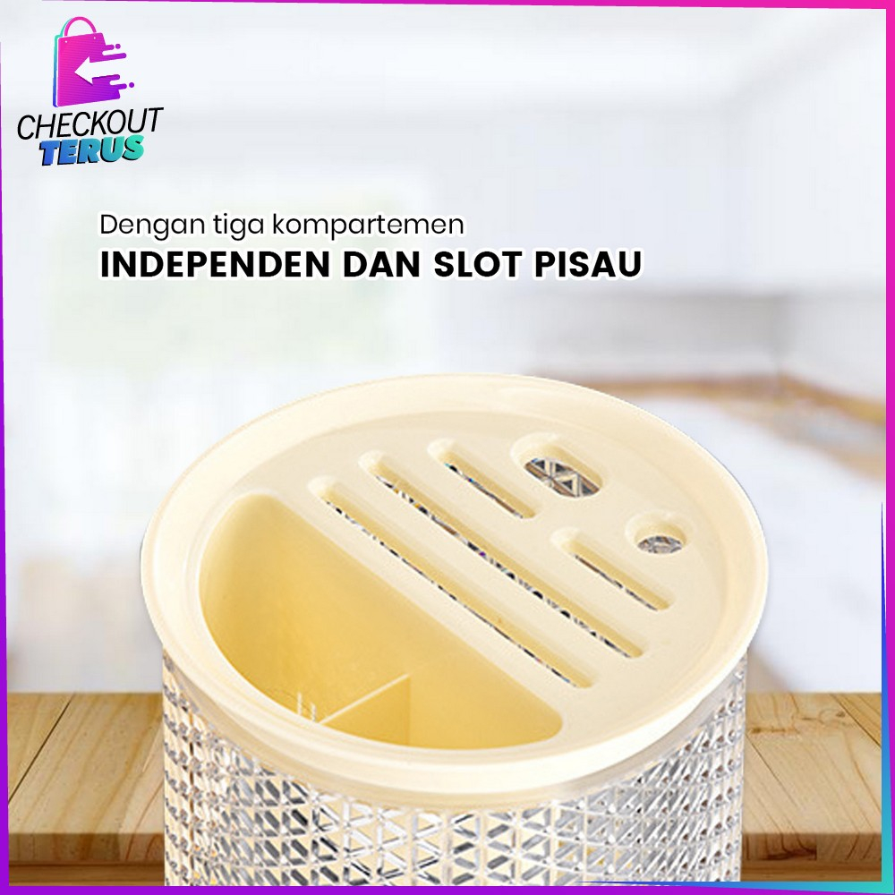 CT C854 Rak Putar 360° Estetik Tempat Sendok Garpu Sumpit Pisau Wadah Penyimpanan Peralatan Dapur Cutlery Holder dengan Tirisan