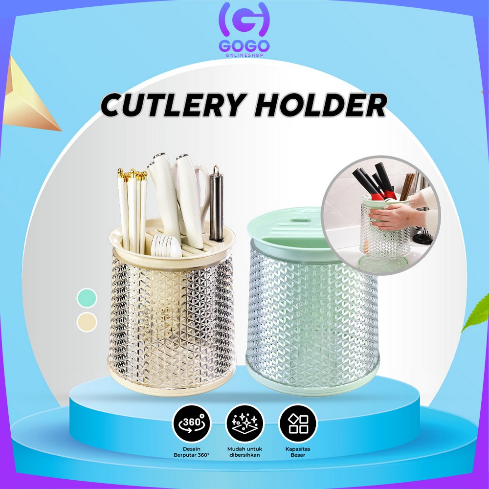 GOGO-C854 Tempat Sendok Garpu Sumpit Pisau Cutlery Holder Dengan Tirisan / Wadah Penyimpanan Rak Putar 360° Estetik Peralatan Dapur